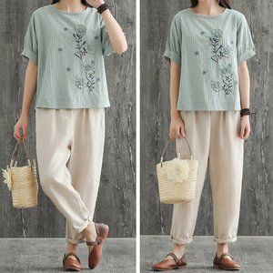 C058 Women Top Cotton/Linen Floral Blouse Short Sleeves Clothing Round-neck Tee